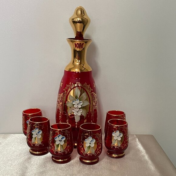 Vintage Venetian Glass Decanter 6 Glasses Set Red Gold - Picture 1 of 8